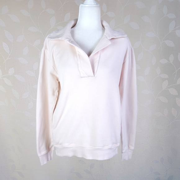 A.L.C. Connor Retro Preppy Open Collar Cotton Sweatshirt w/ Pockets Pale Pink - Picture 2 of 14